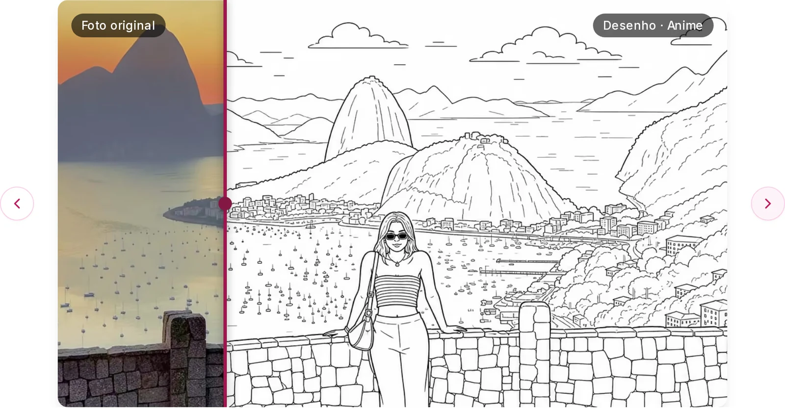 Print do site da LoveGoods mostrando uma foto real ao lado do desenho para colorir gerado