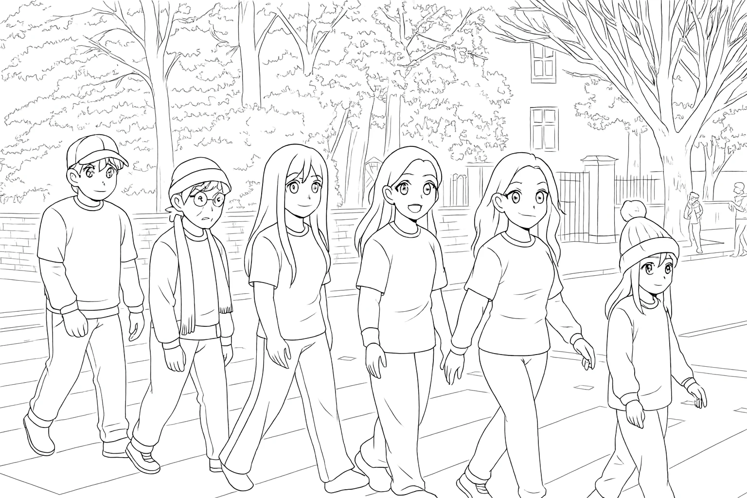 Grupo de amigos transformado em desenho para colorir