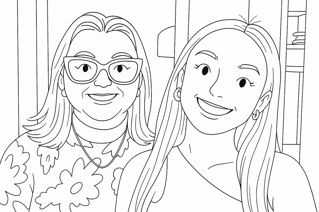Foto de duas gerações transformada em desenho